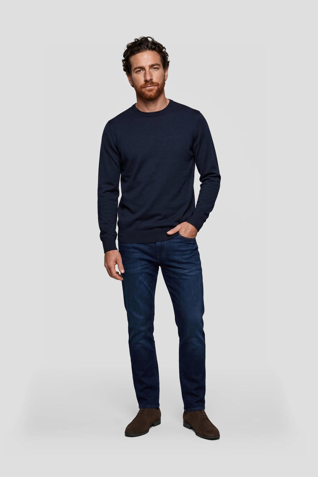 Donkerblauwe heren Profuomo wollen regular fit gemêleerde trui met melée print, lange mouwen en ronde hals