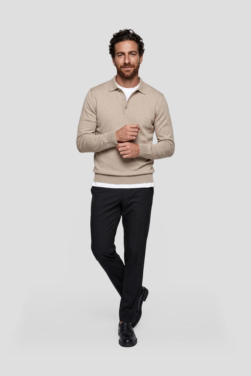 Beige heren Profuomo zijden regular fit polo met effen en lange mouwen
