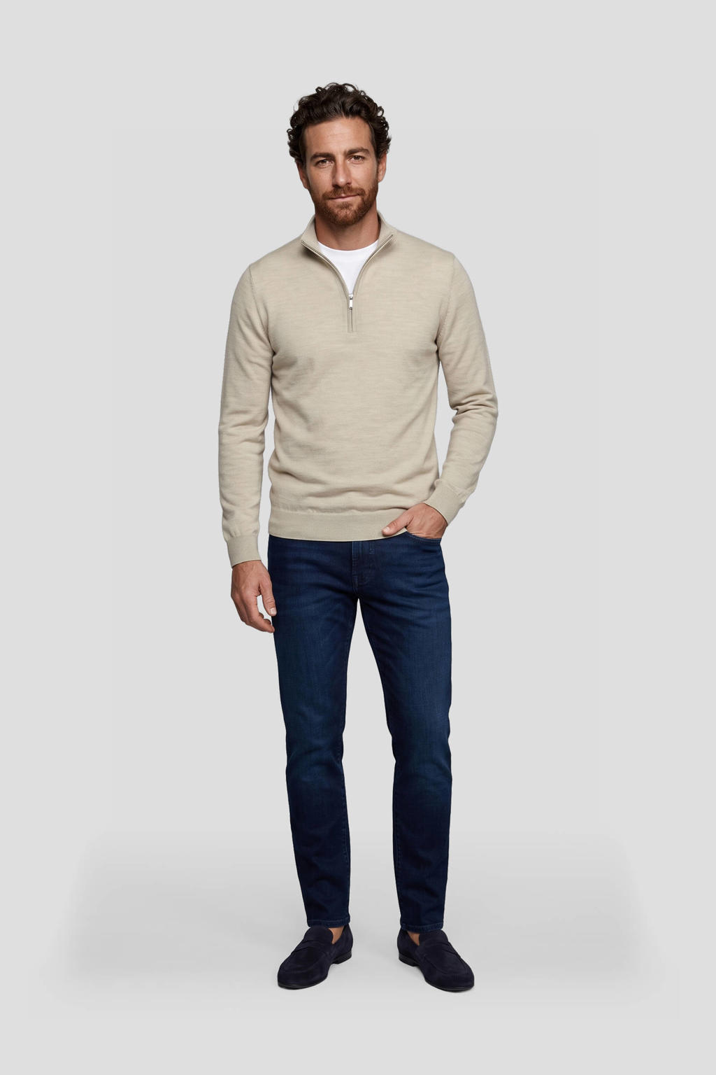 Beige heren Profuomo wollen regular fit trui met effen, lange mouwen en opstaande kraag