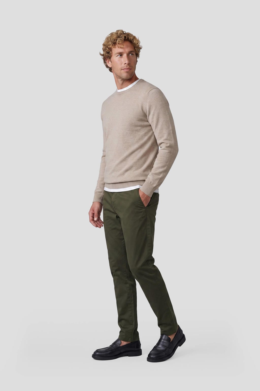 Beige heren Profuomo wollen regular fit gebreide trui met melée print, lange mouwen en ronde hals