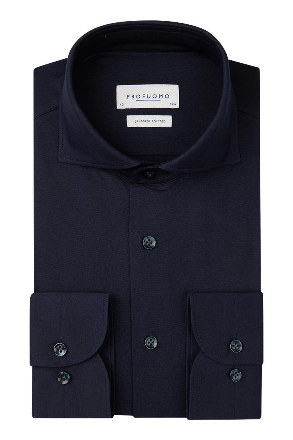 Donkerblauwe heren Profuomo slim fit overhemd van katoen met effen, lange mouwen en klassieke kraag