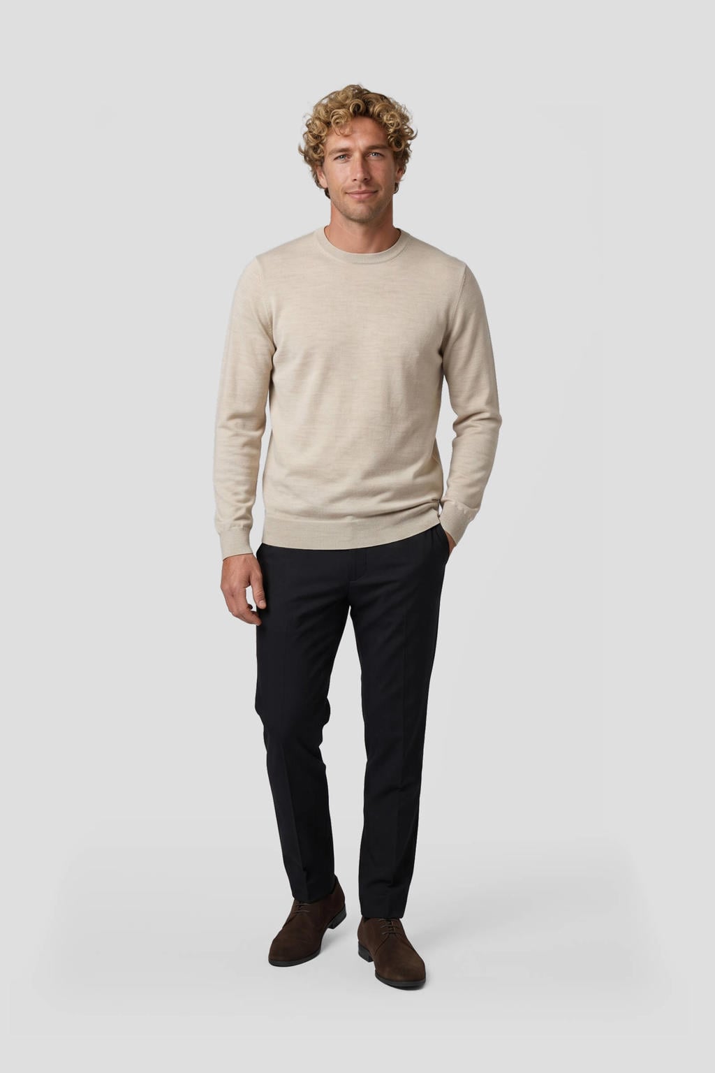 Ecru heren Profuomo wollen regular fit gebreide gemêleerde trui met melée print, lange mouwen en ronde hals