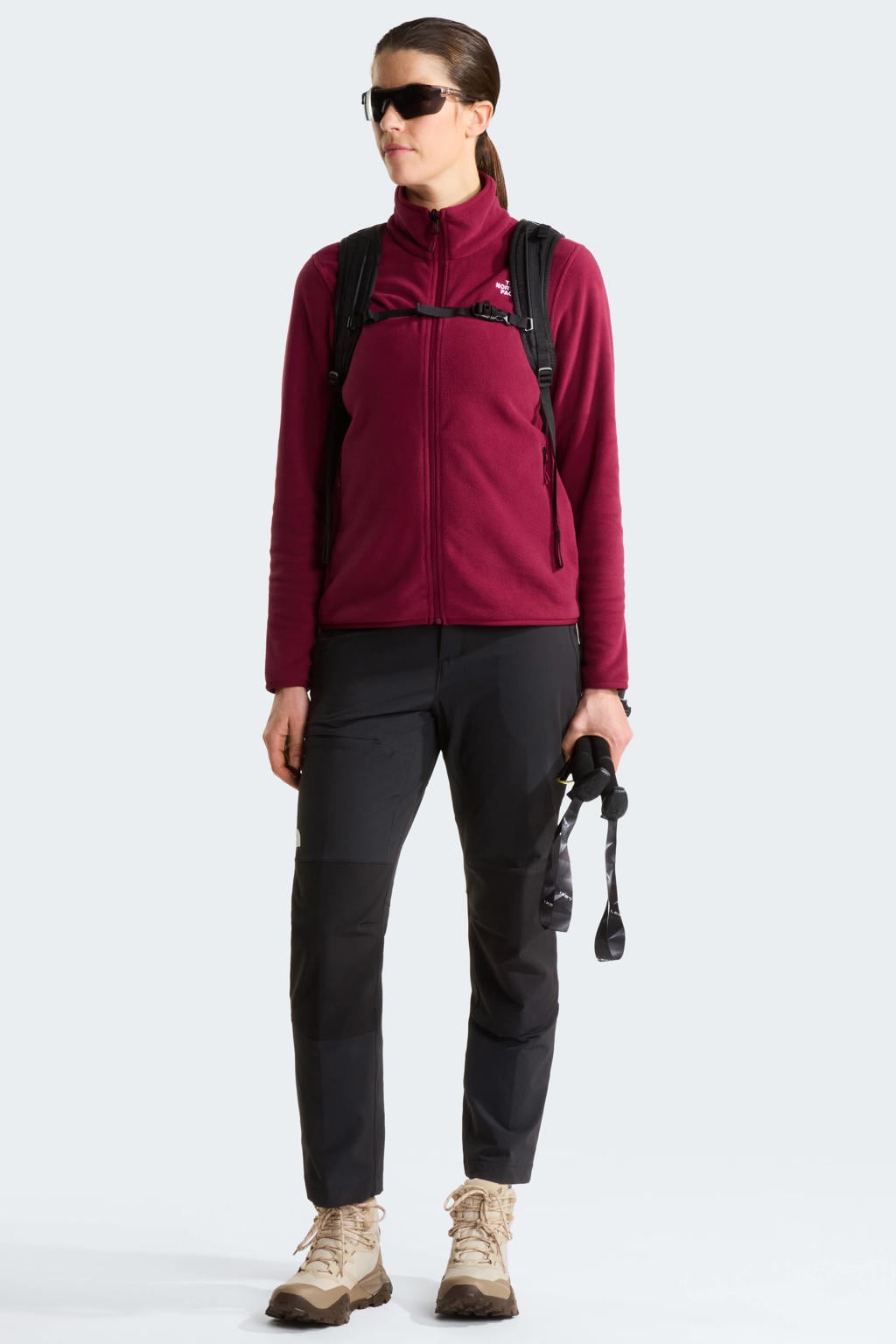 Donkerrode dames The North Face fleecevest met effen, lange mouwen, opstaande kraag en ritssluiting