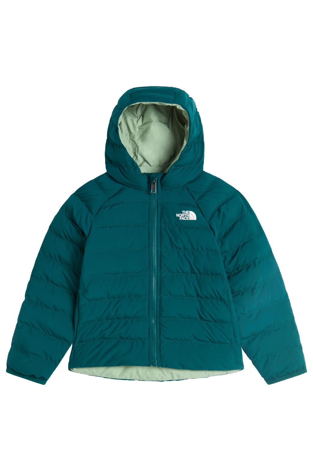 Petrolkleurige jongens en meisjes The North Face Perrito reversile jas van polyester met effen, lange mouwen, capuchon en ritssluiting