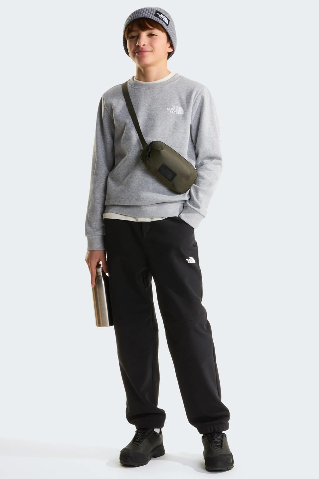 Grijs melange jongens en meisjes The North Face sweater met backprint, lange mouwen en ronde hals
