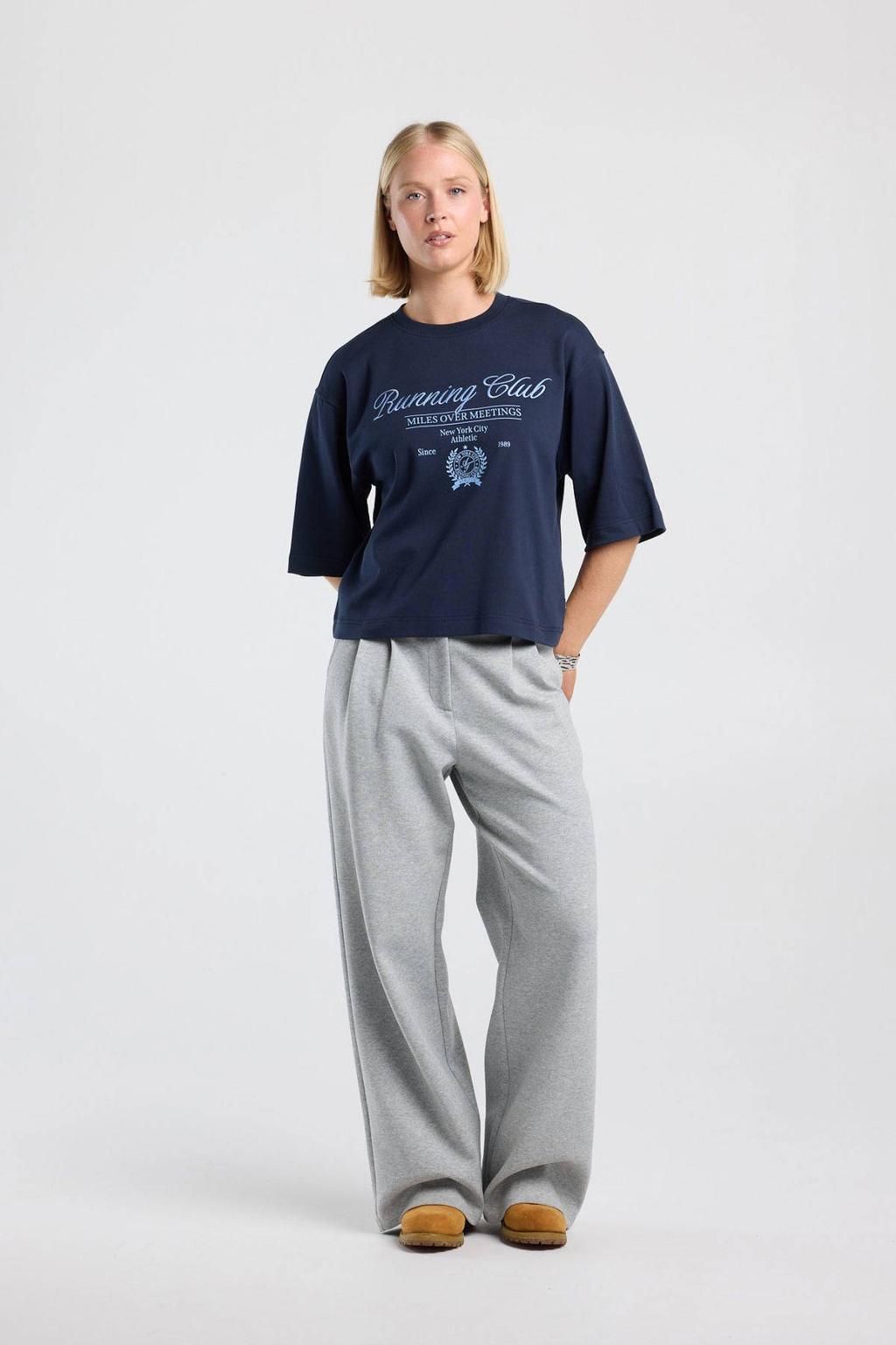 Donkerblauwe dames America Today T-shirt van katoen met printopdruk, driekwart mouwen en ronde hals