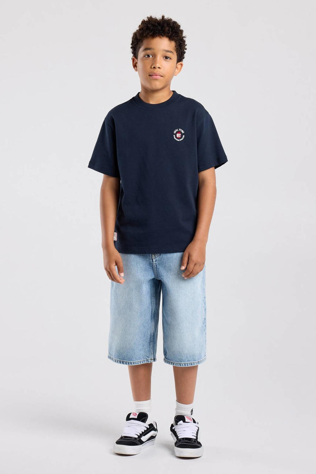 Donkerblauwe jongens America Today T-shirt van katoen met printopdruk, korte mouwen en ronde hals