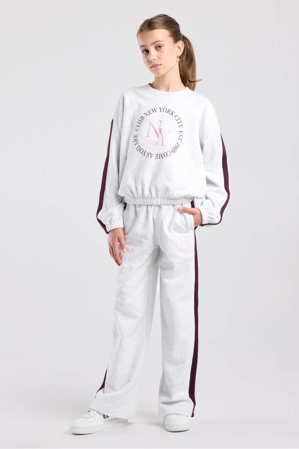 Grijze meisjes America Today sweat sweater met printopdruk, lange mouwen, ronde hals en contrast bies