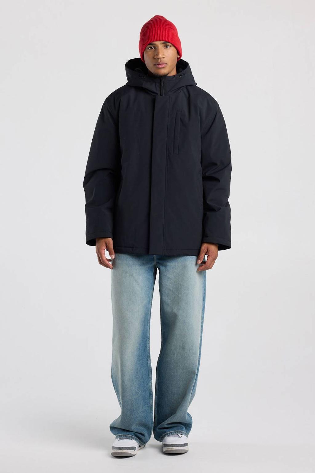 Zwarte heren America Today winterjas van polyester met effen, lange mouwen, capuchon en rits- en drukknoopsluiting