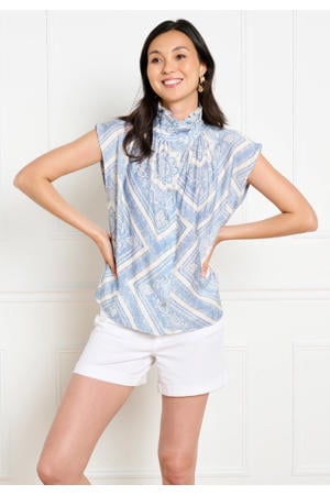viscose gebloemde blouse met glitters - lichtblauw
