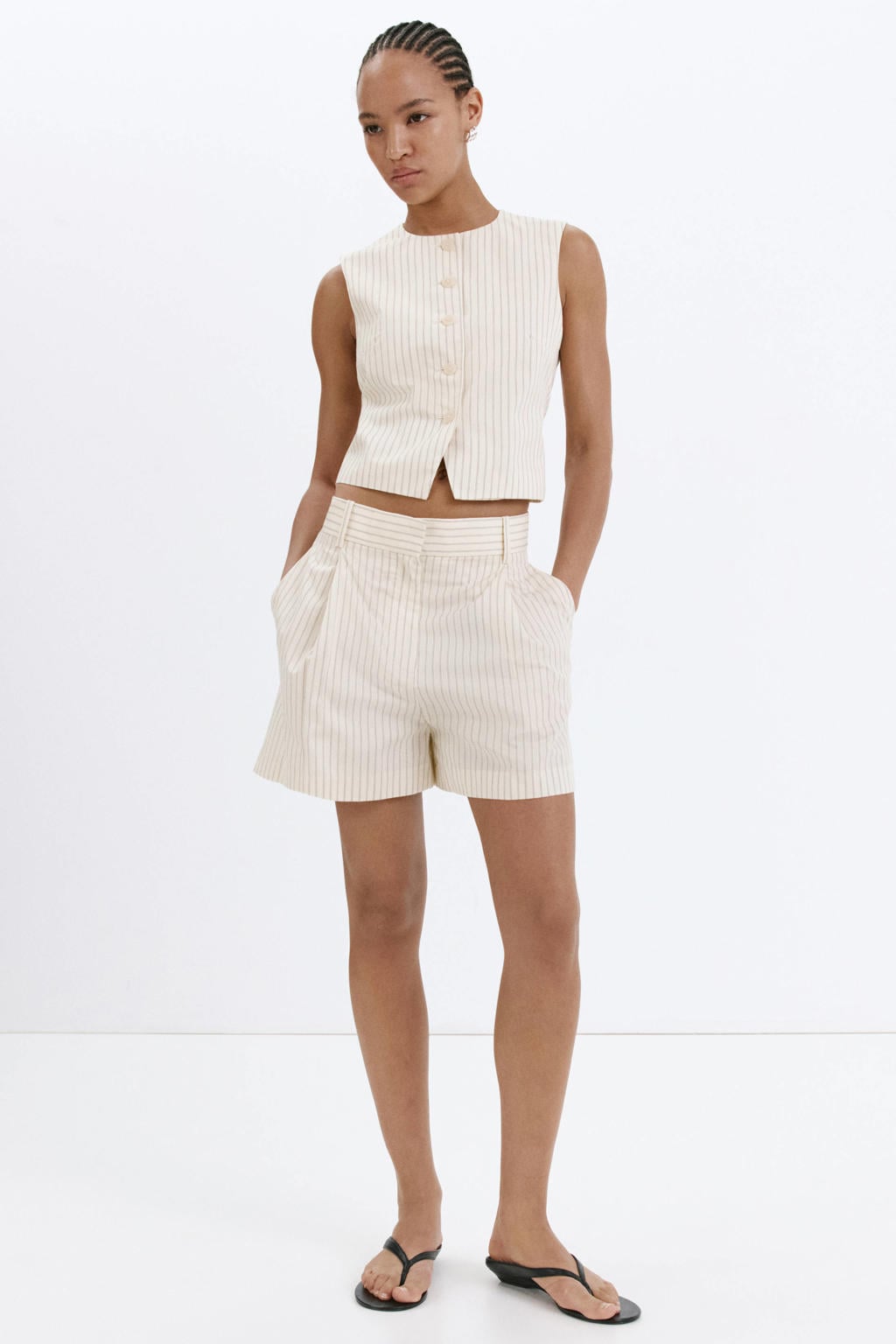 Mango regular fit gestreepte chino short - ecru