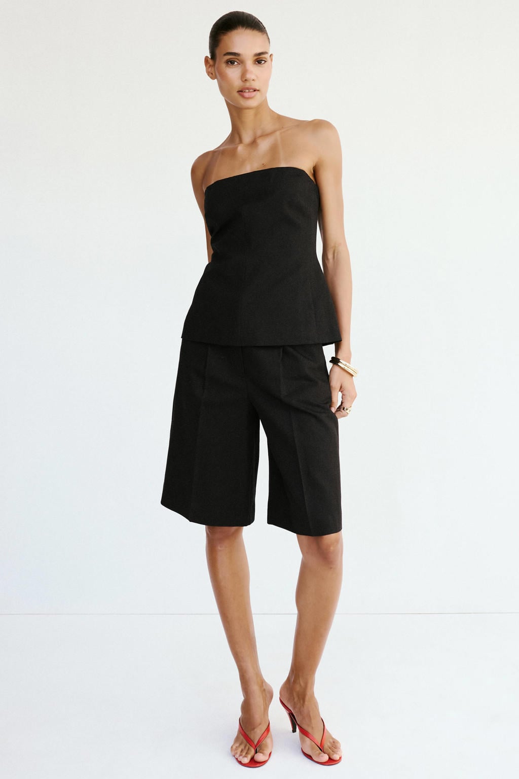 Mango viscose straight leg bermuda short met linnen - zwart