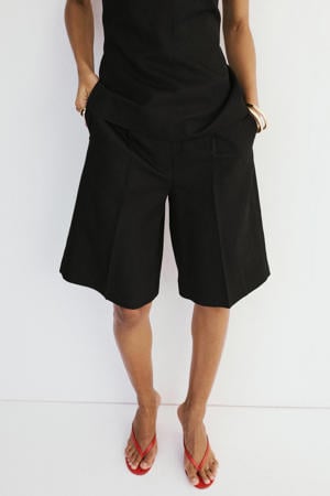 viscose straight leg bermuda short met linnen - zwart