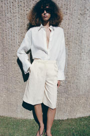 thumbnail: Mango viscose straight leg bermuda short met linnen - ecru