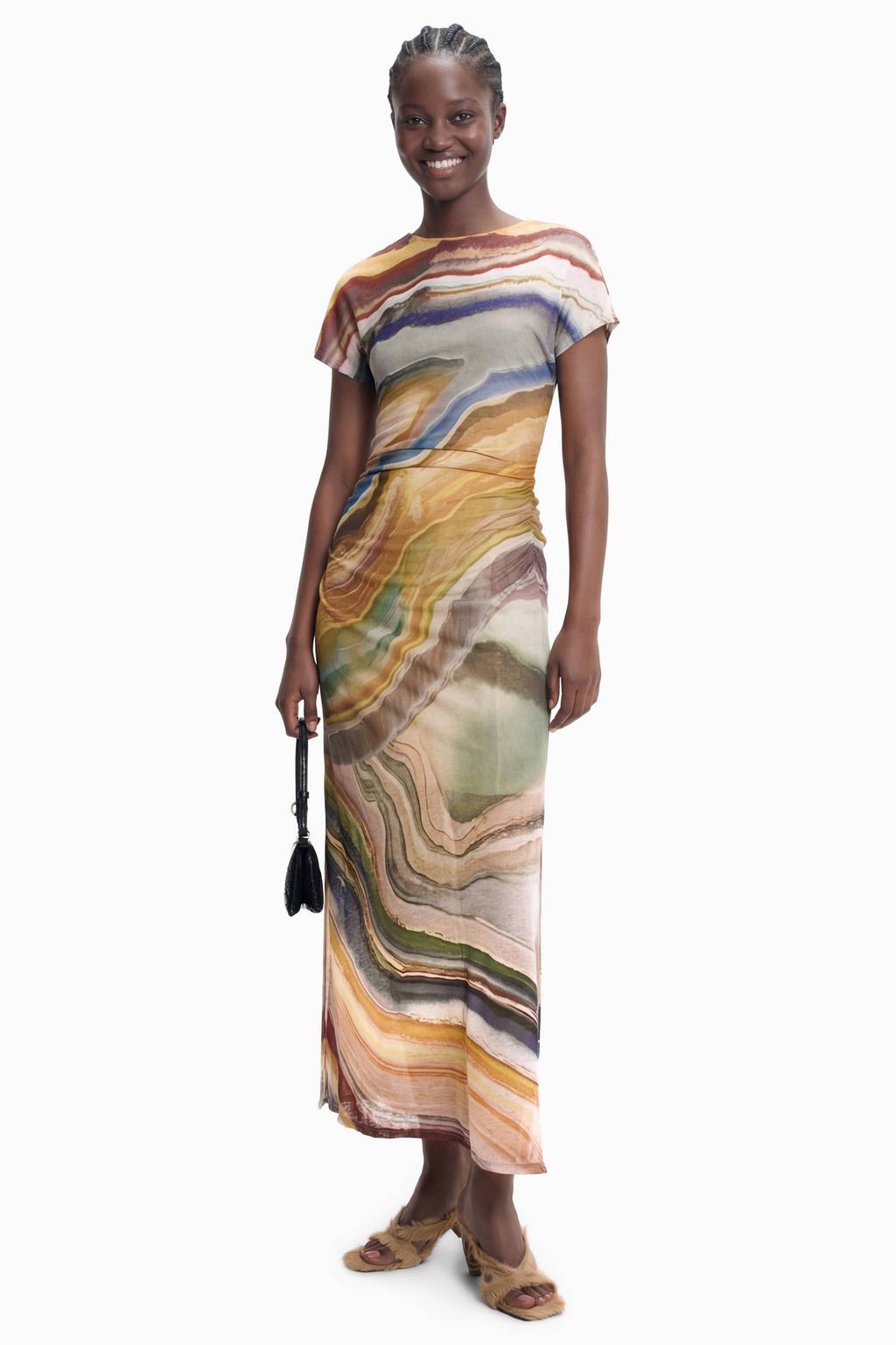 Multikleurige dames Desigual midi zomerjurk meerkleurig van polyester met korte mouwen en ronde hals