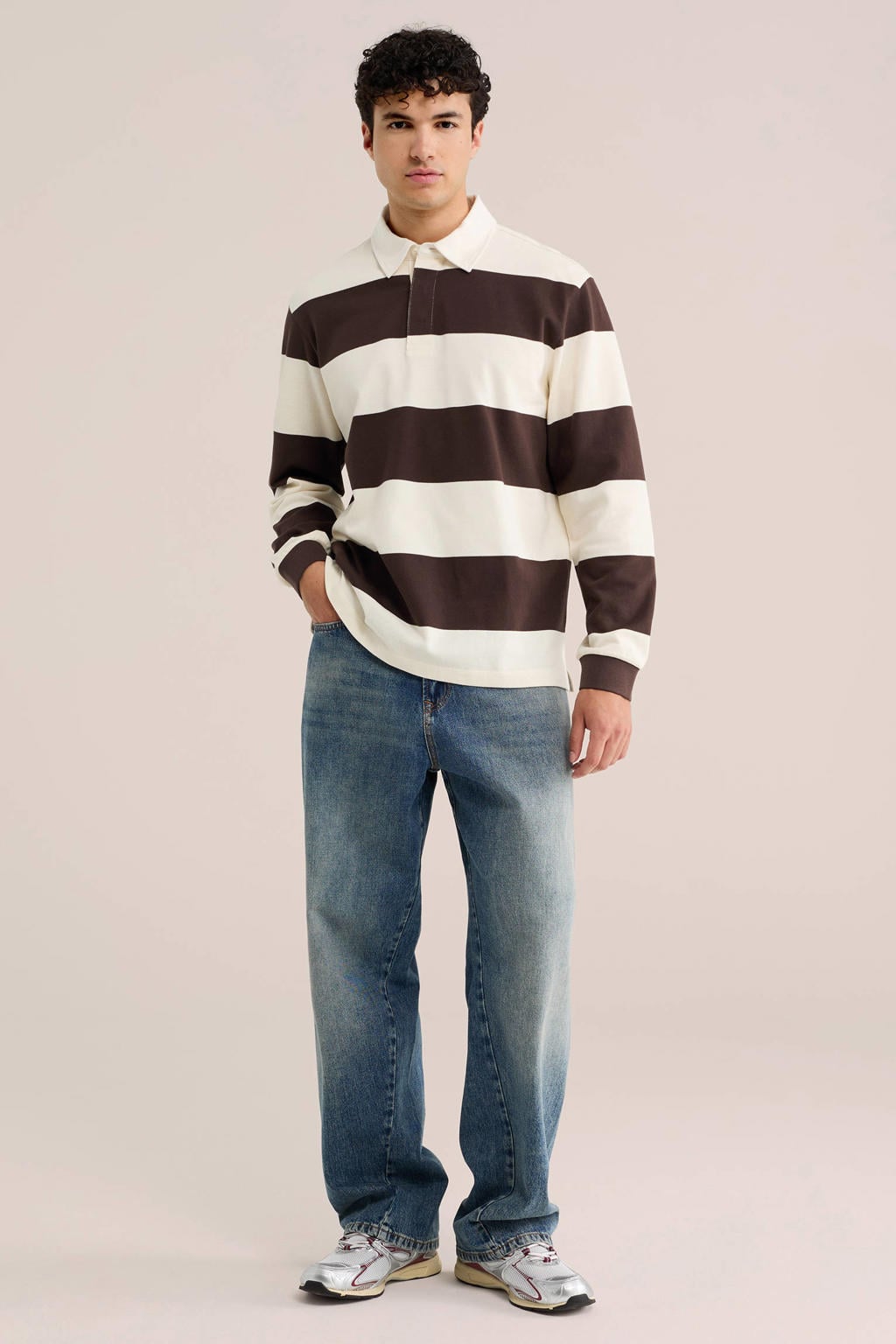 Donkerblauwe heren WE Fashion relaxed fit gestreepte polo van katoen met lange mouwen