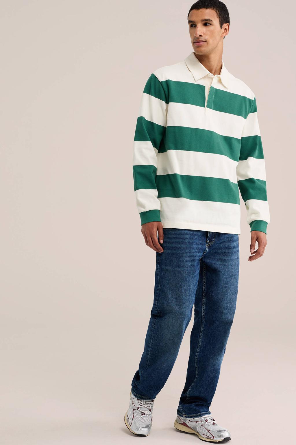 Groene heren WE Fashion relaxed fit gestreepte polo van katoen met lange mouwen