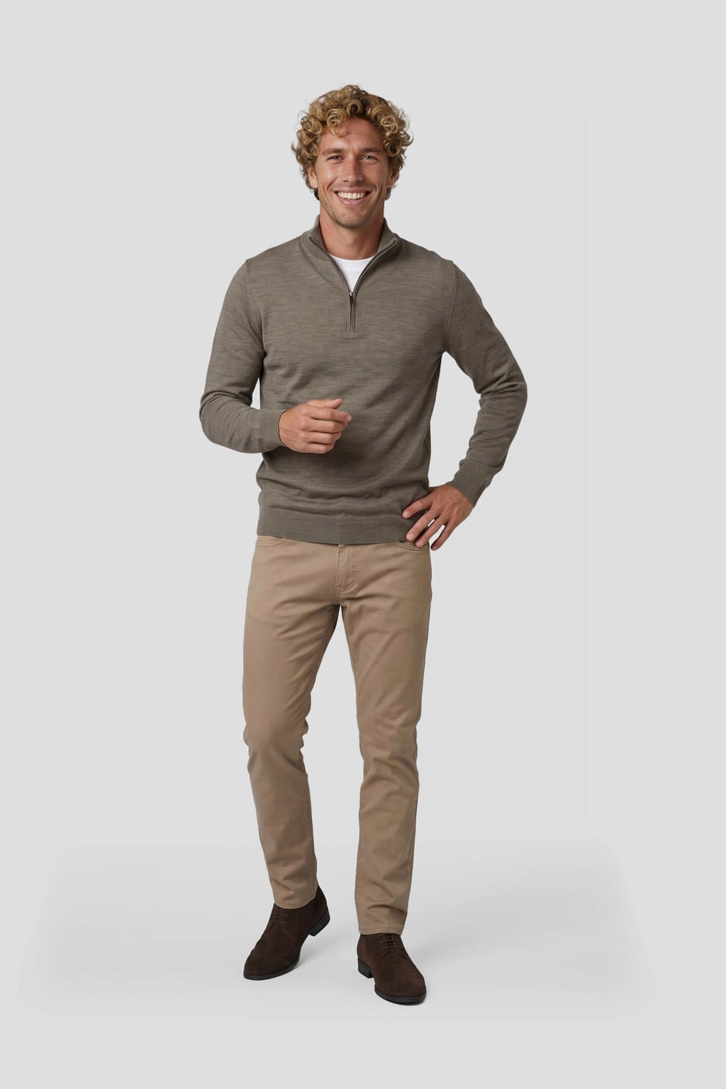 Profuomo wollen regular fit gebreide gemêleerde trui - bruin