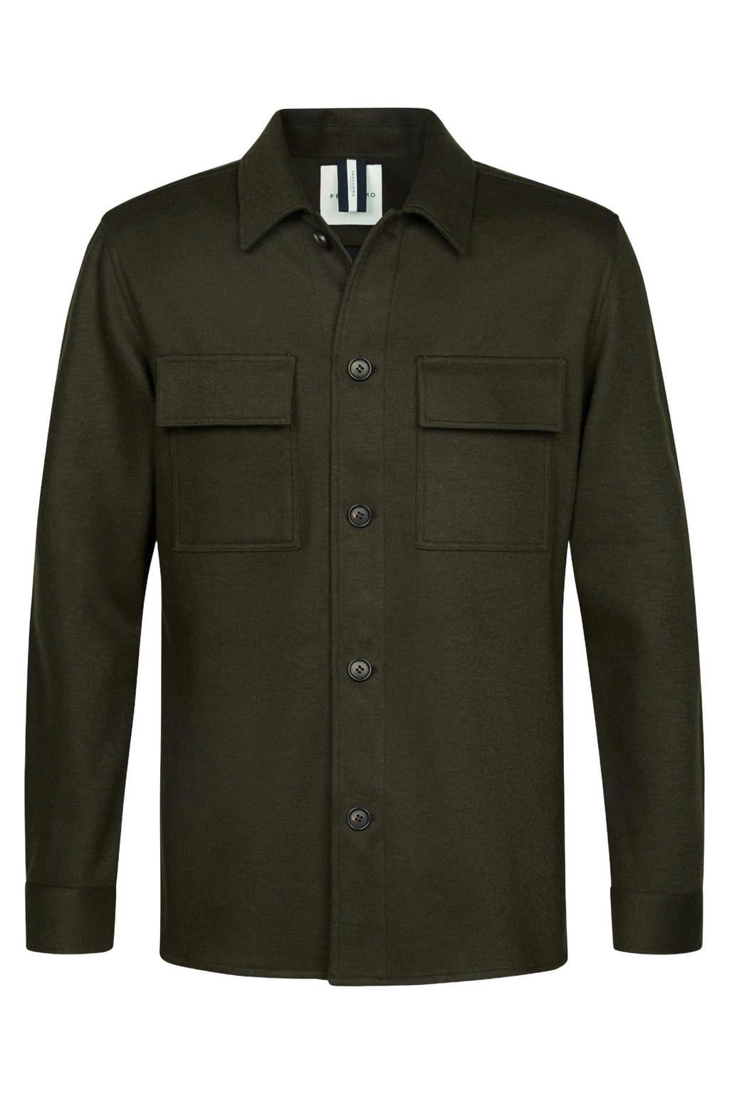 Donkergroene heren Profuomo relaxed fit overshirt van wol met effen, lange mouwen en klassieke kraag