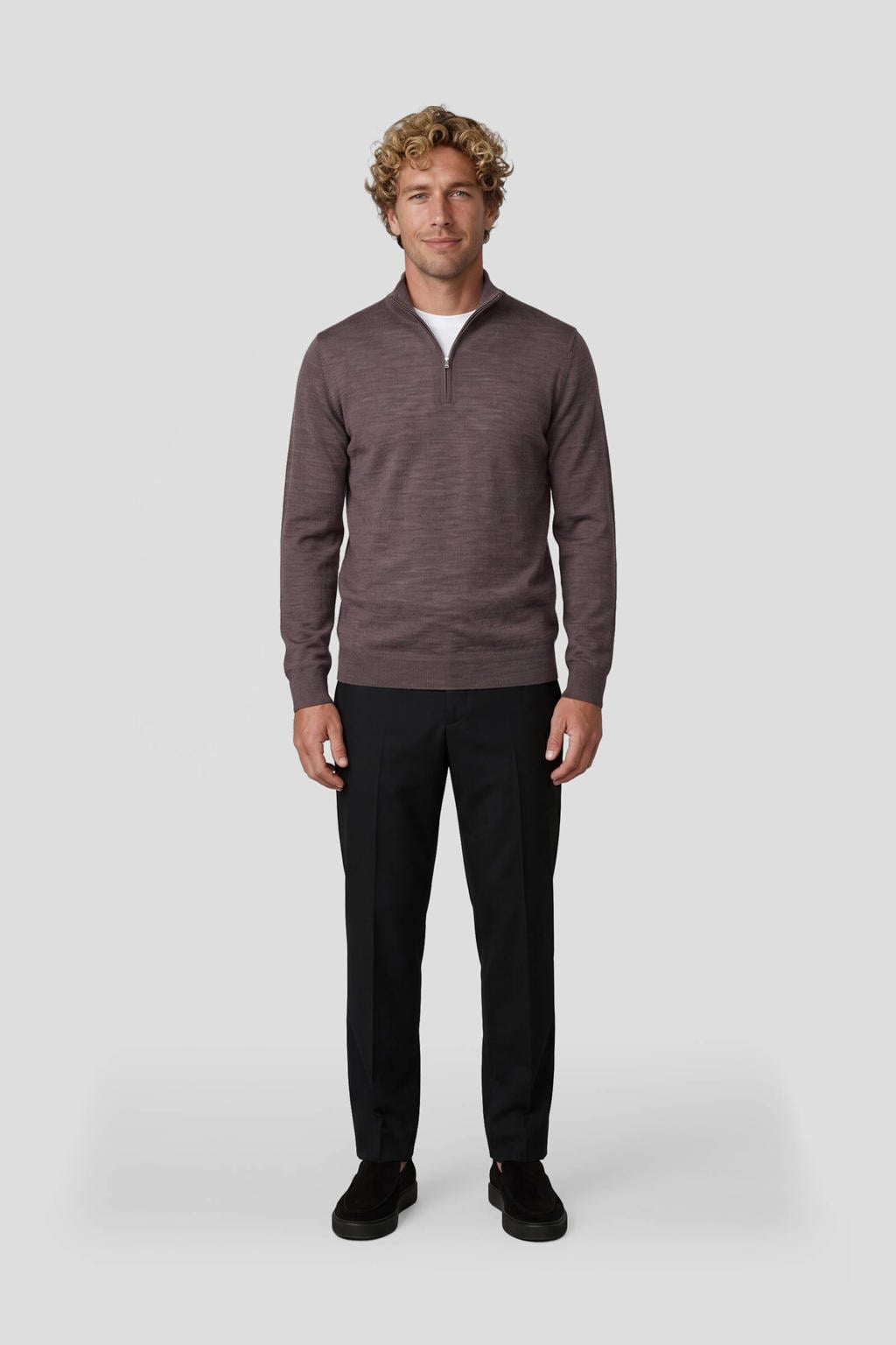 Aubergine heren Profuomo wollen regular fit gebreide gemêleerde trui met melée print, lange mouwen en opstaande kraag