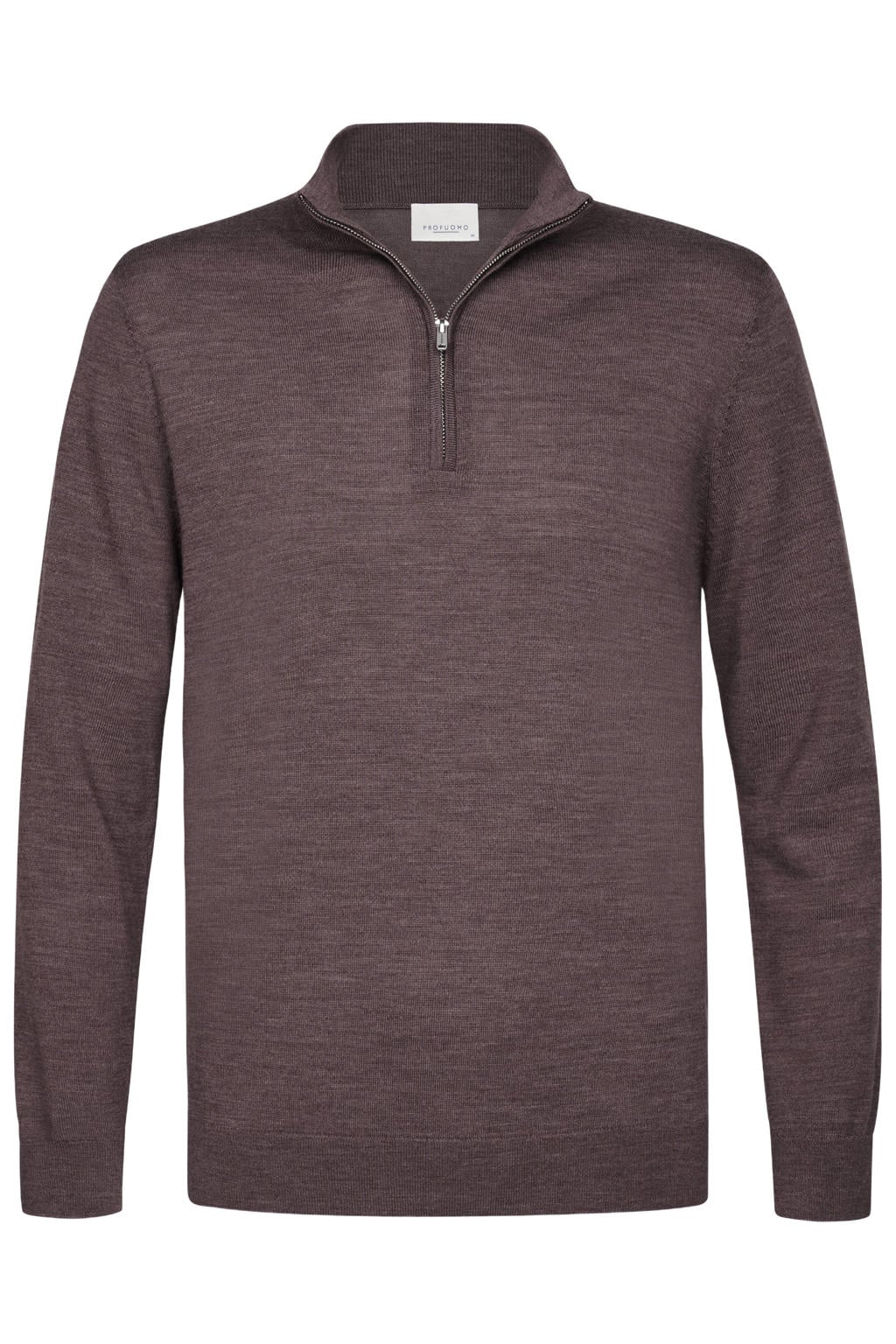 Aubergine heren Profuomo wollen regular fit gebreide gemêleerde trui met melée print, lange mouwen en opstaande kraag