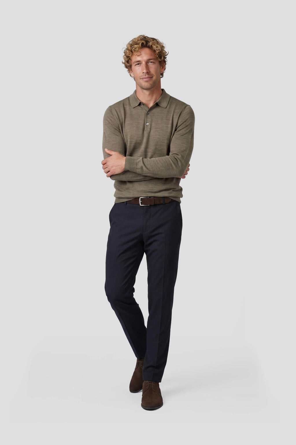 Bruine heren Profuomo wollen regular fit gemêleerde trui met melée print, lange mouwen en polo kraag