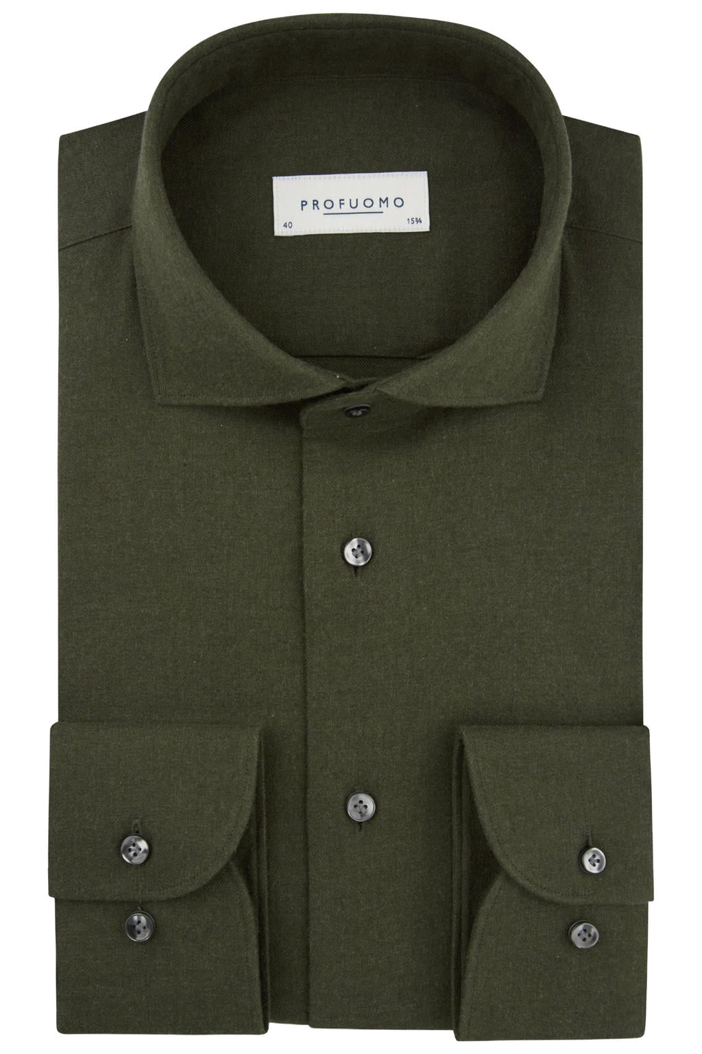 Donkergroene heren Profuomo slim fit twill overhemd van katoen met effen, lange mouwen en klassieke kraag