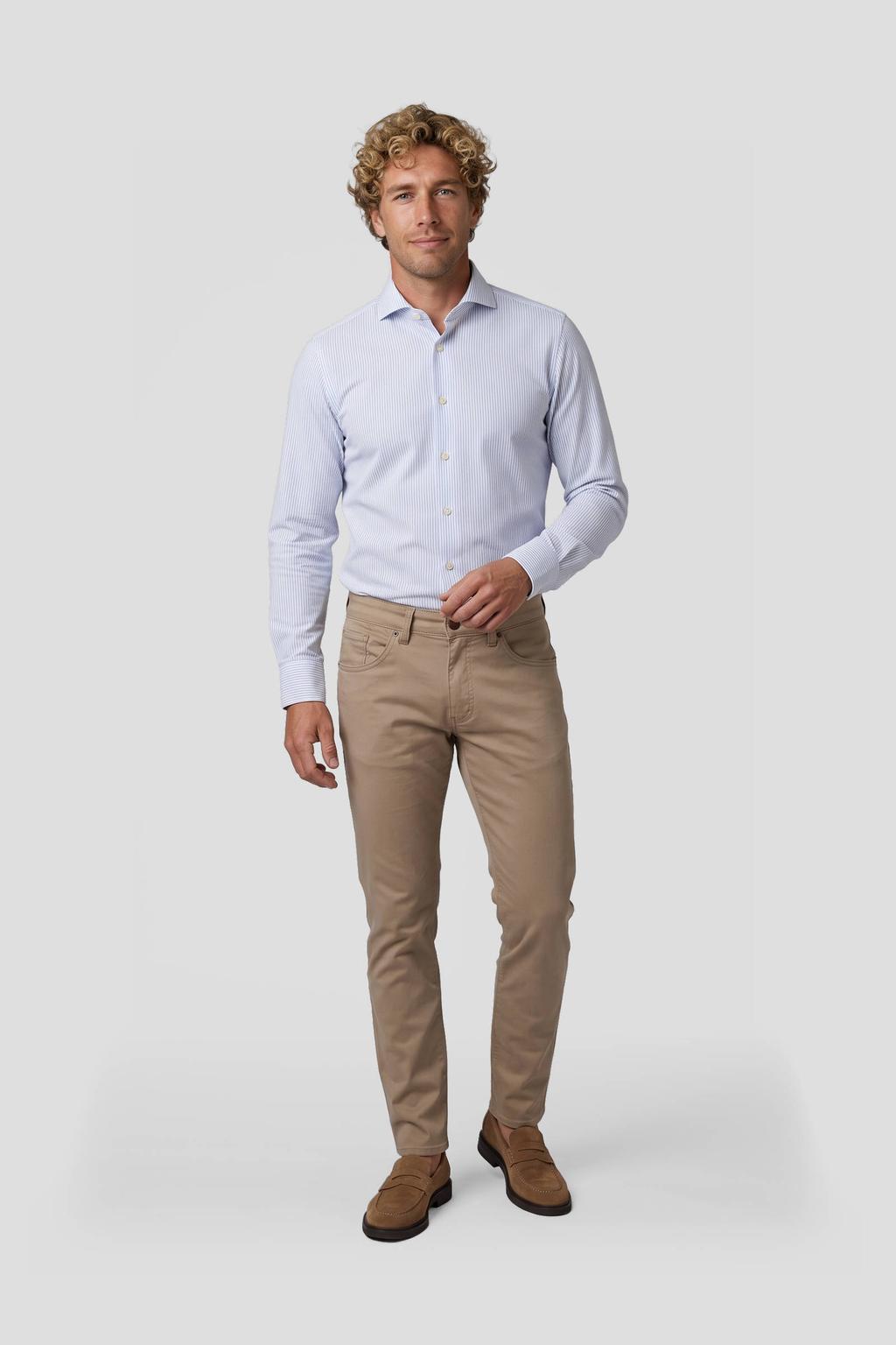 Lichtblauwe heren Michaelis slim fit casual gestreept overhemd van katoen met lange mouwen en klassieke kraag