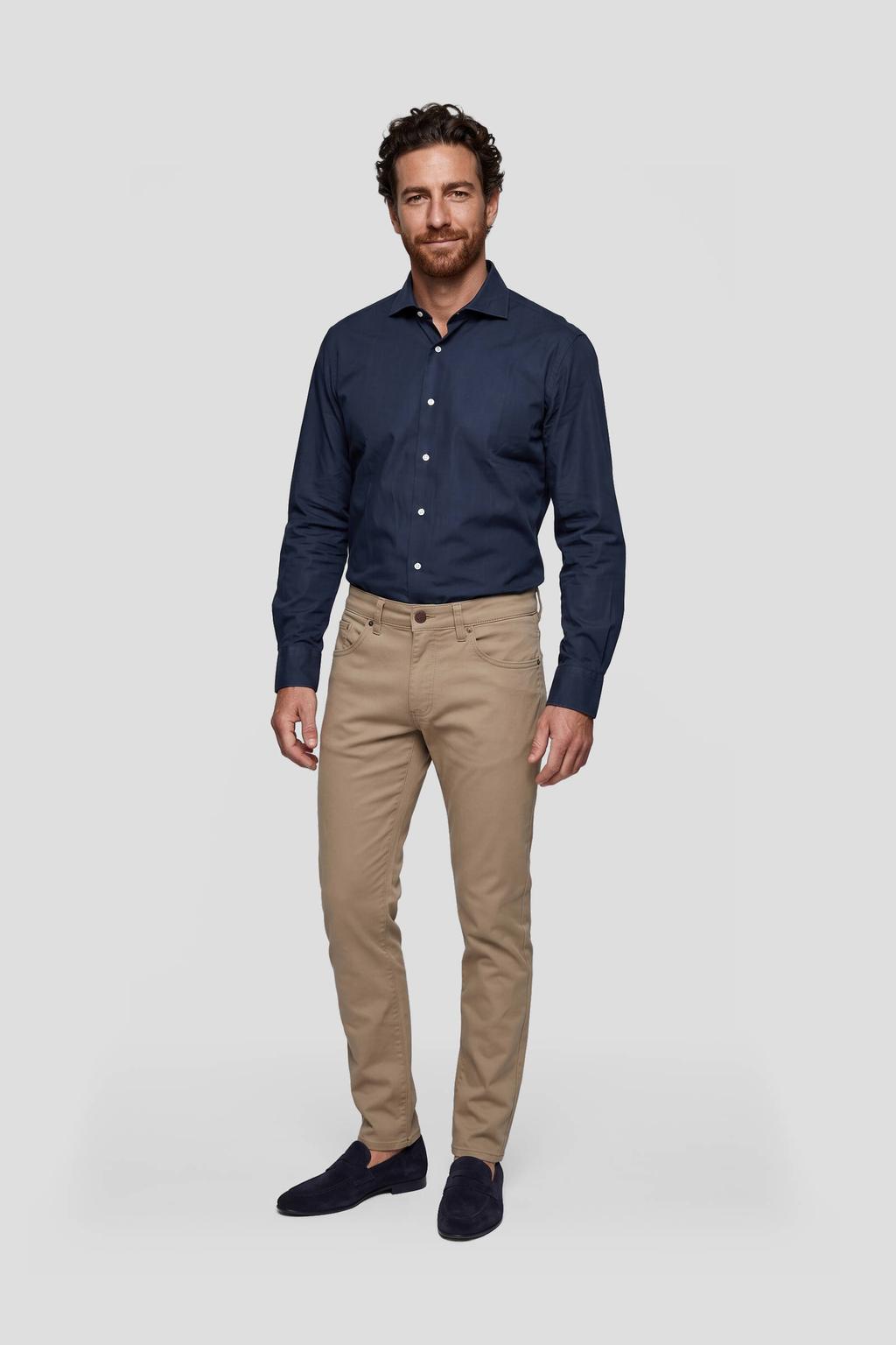 Donkerblauwe heren Michaelis slim fit overhemd van katoen met effen, lange mouwen en klassieke kraag