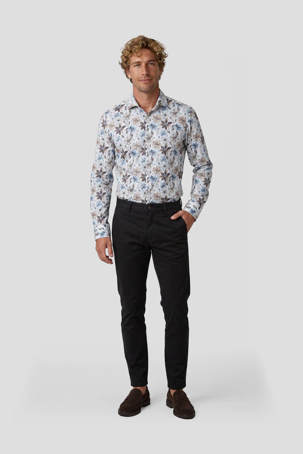 Witte heren Michaelis slim fit gebloemd overhemd meerkleurig van katoen met lange mouwen en klassieke kraag