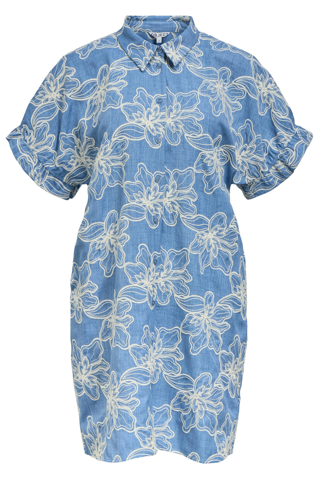 Blauw en ecru dames OBJECT jacquard gebloemde korte jurk van polyester met korte mouwen, klassieke kraag en knoopsluiting