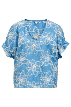 gebloemde blousetop met borduursels - blauw