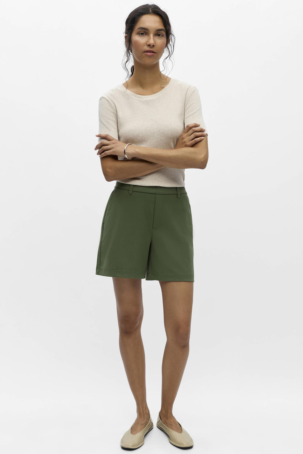 Olijfgroene dames OBJECT regular fit casual short van polyester met elastische inzet en effen
