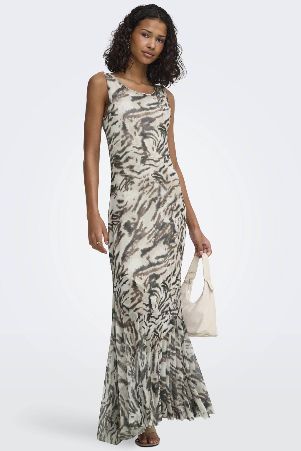 Ecru en taupe dames JDY maxi jurk van polyester met korte mouwen, watervalhals en mesh