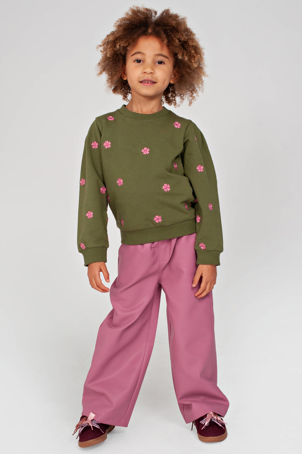 Jubel imitatieleren broek Moon Flowers roze