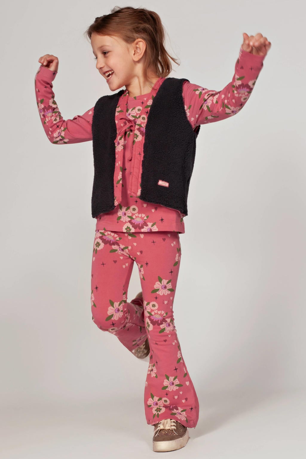 Roze en groene meisjes Jubel flared broek Moon Flowers van stretchkatoen met regular waist, elastische tailleband en bloemenprint
