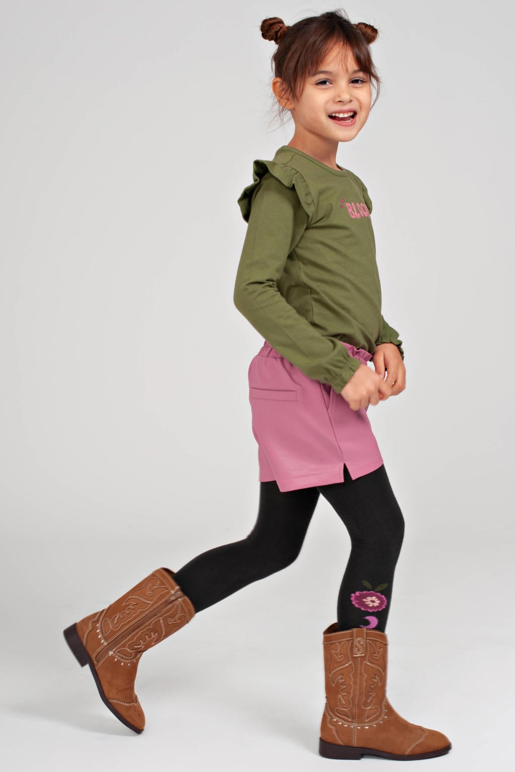 Roze meisjes Jubel imitatieleren korte broek Moon Flowers van polyurethaan met relaxed en elastische tailleband