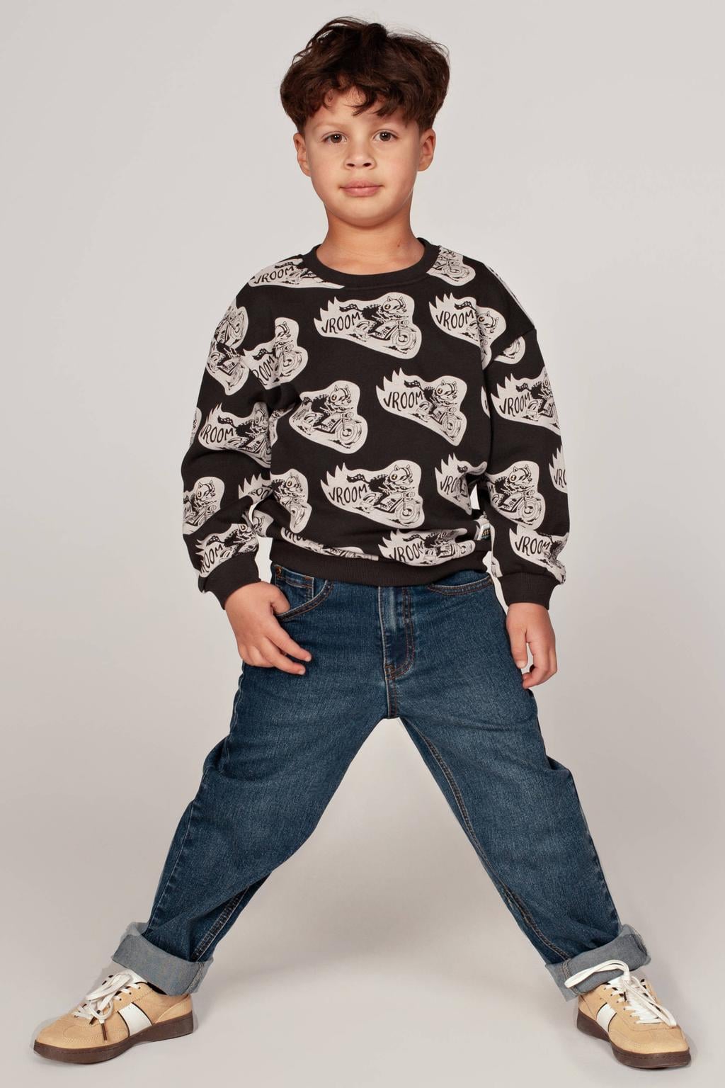Antraciete jongens Sturdy junior oversized sweater offwhite met lange mouwen, ronde hals en geribde boorden