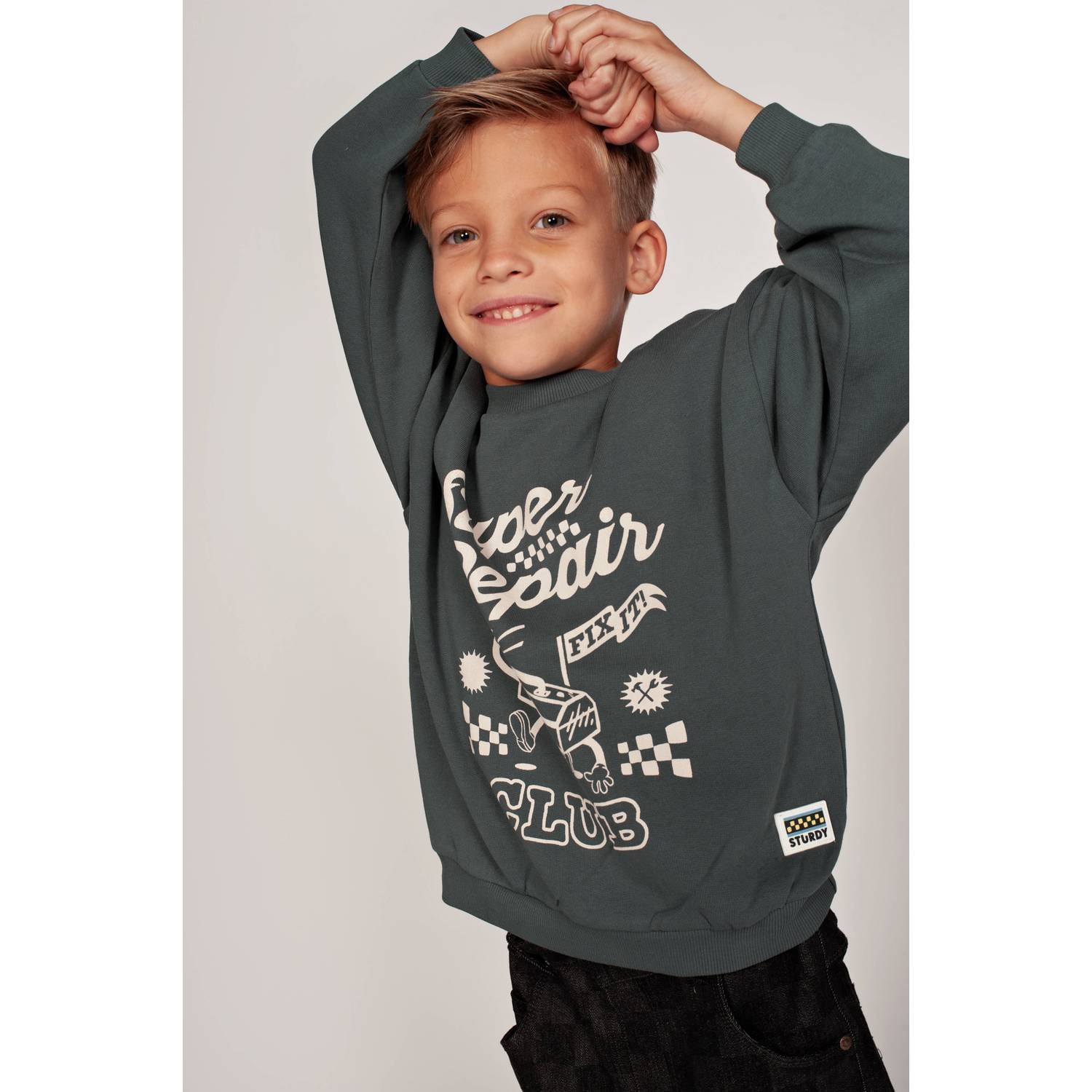 Sturdy oversized sweater met tekst petrol ecru