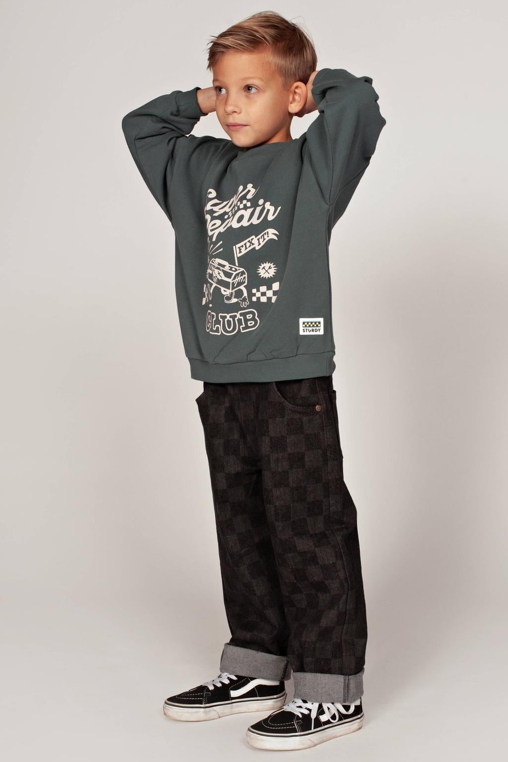 Sturdy oversized sweater met tekst - petrol/ecru