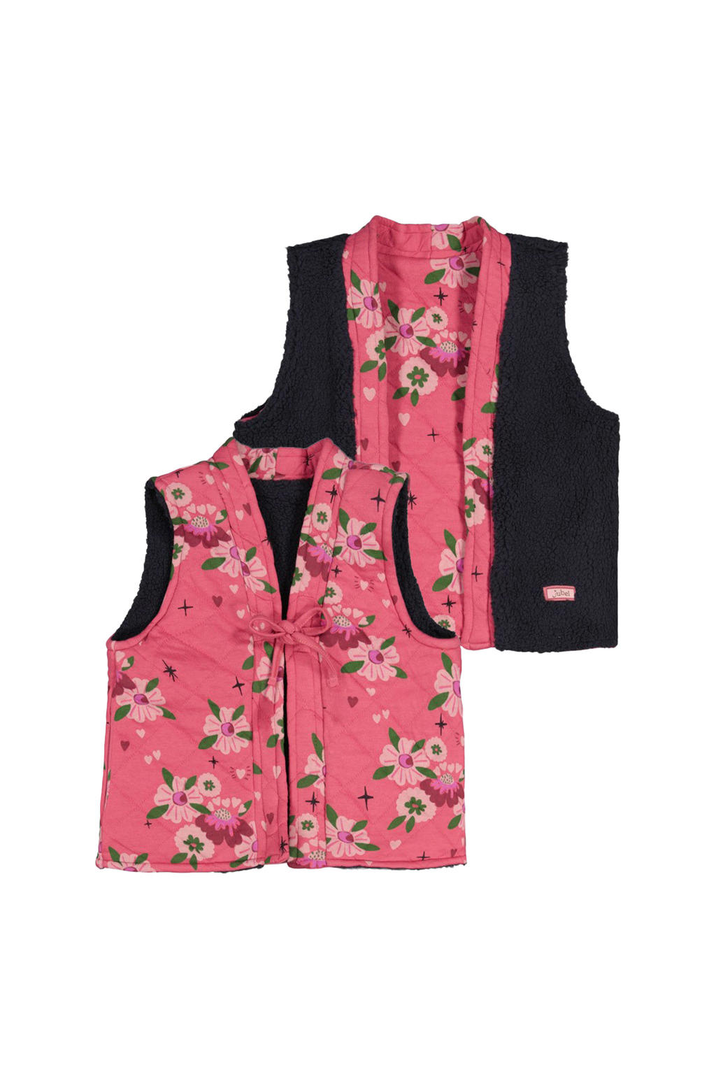 Antraciet en roze meisjes Jubel reversible teddy gilet Moon Flowers met bloemenprint, V-hals en striksluiting