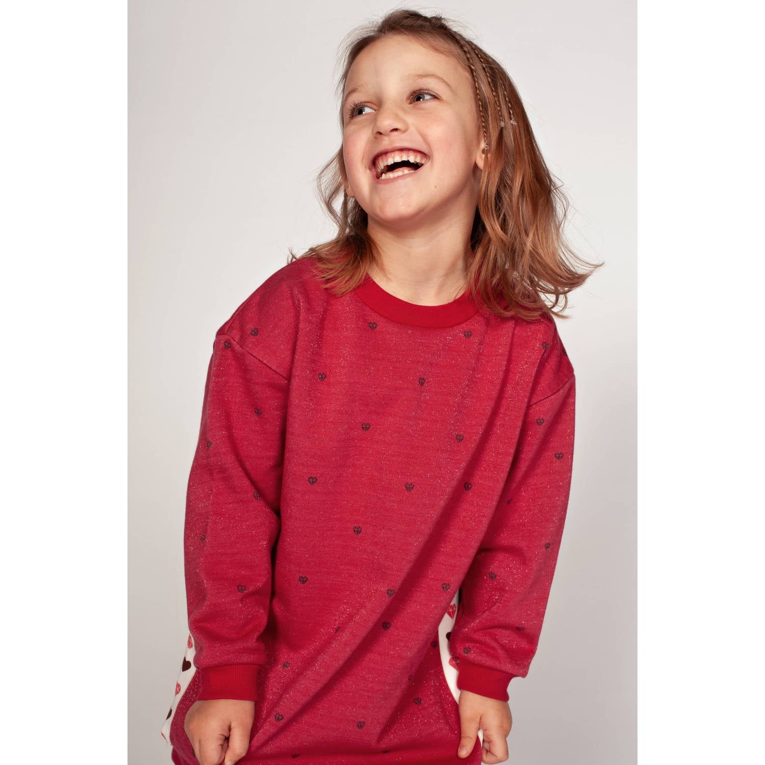 Jubel gestreepte midi sweatjurk met hartjes roze wit