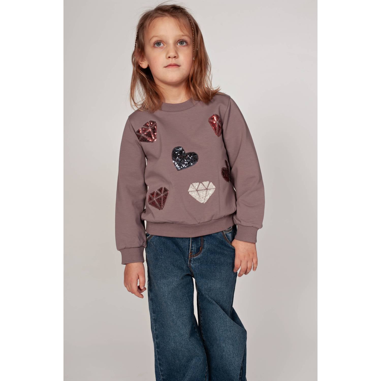 Jubel sweater met pailletten en hartjes paars