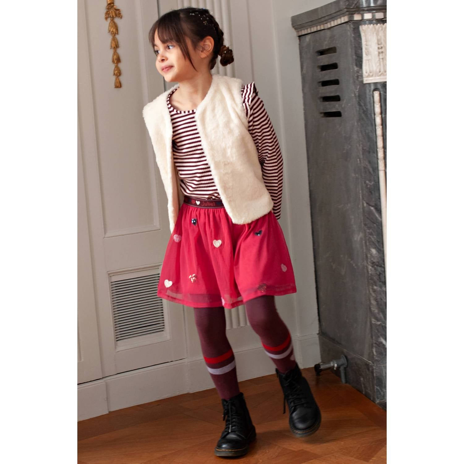 Jubel gestreepte longsleeve met ruches donkerrood wit