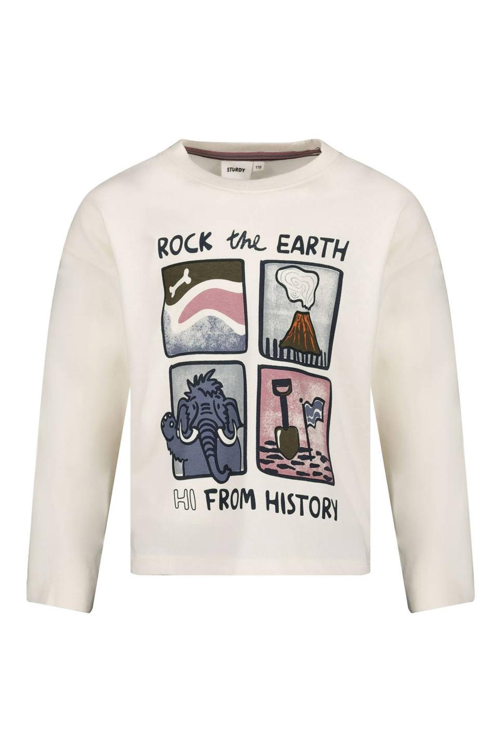 Ecru en donkerblauwe jongens Sturdy longsleeve Rock the Earth offwhite met printopdruk, lange mouwen en ronde hals