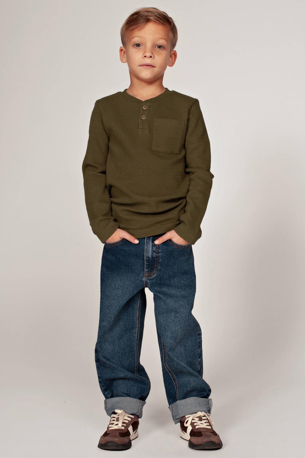 Donkergroene jongens Sturdy longsleeve Rock the Earth met effen, lange mouwen, ronde hals, knoopsluiting en wafel
