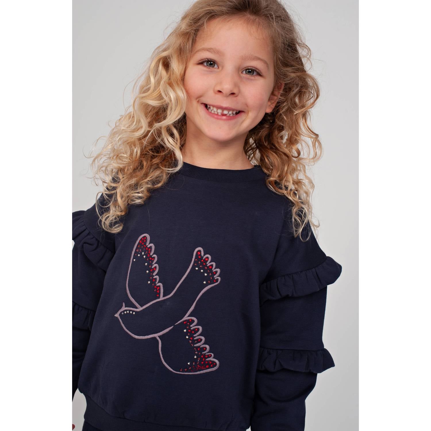Jubel sweater met ruches en print donkerblauw