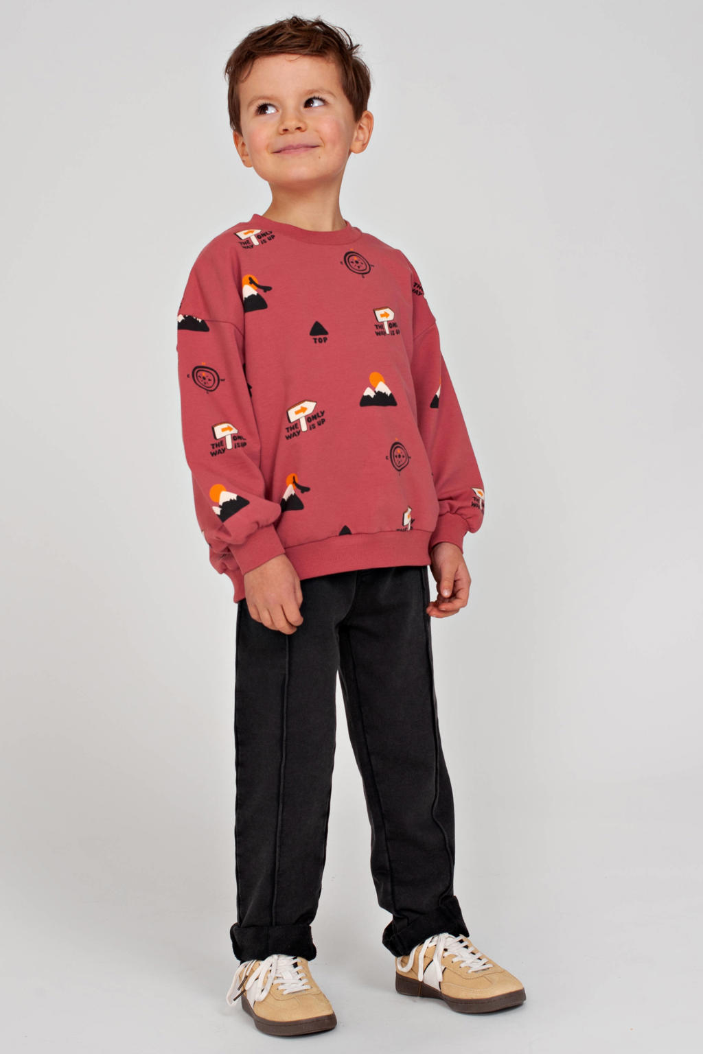 Oudroze en oranje jongens Sturdy oversized sweater Mountain top met lange mouwen en ronde hals