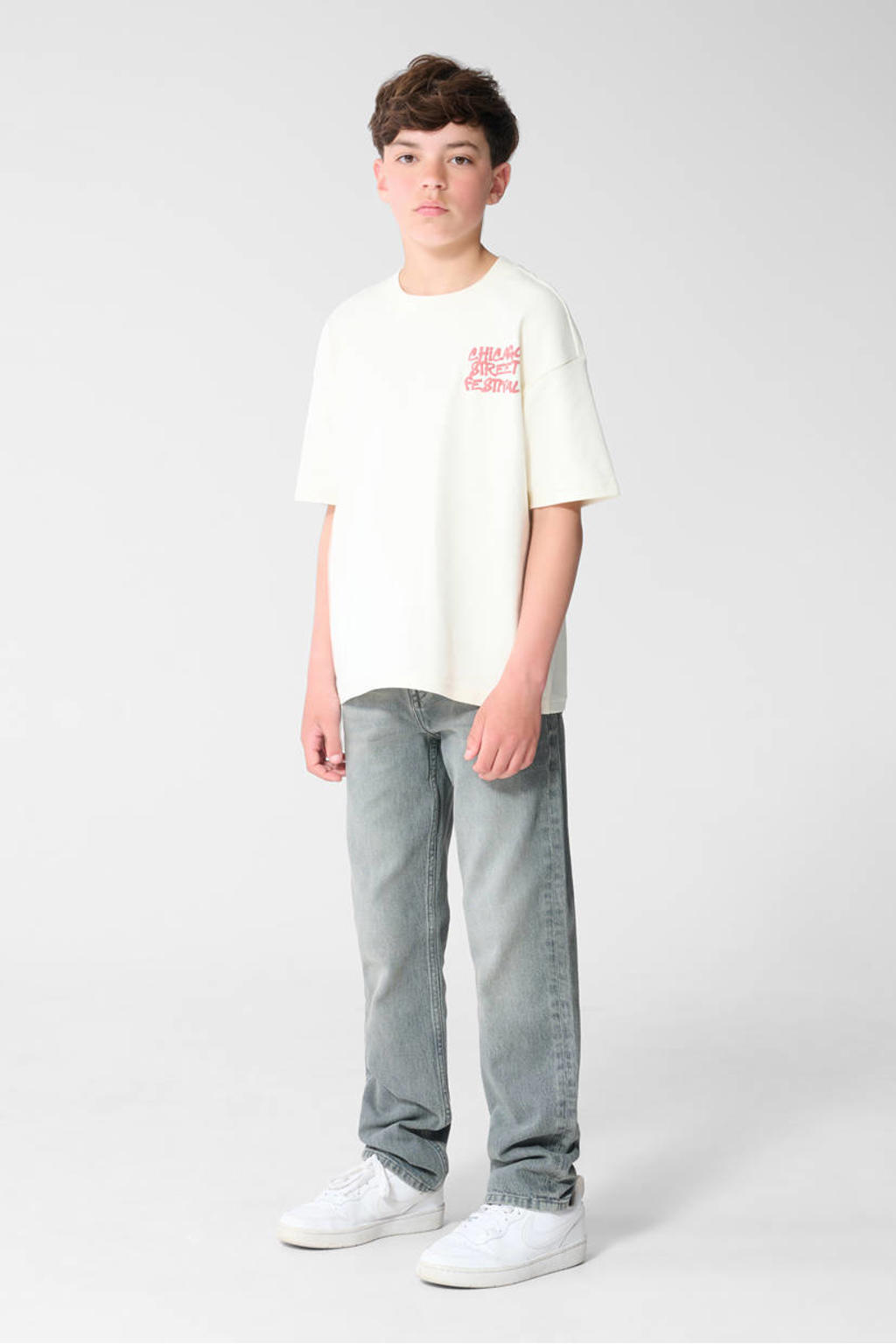 Ecru jongens Shoeby T-shirt van katoen met backprint, korte mouwen en ronde hals