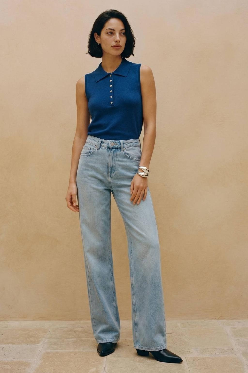 Blauwe dames VERO MODA top van polyester met effen en polo kraag